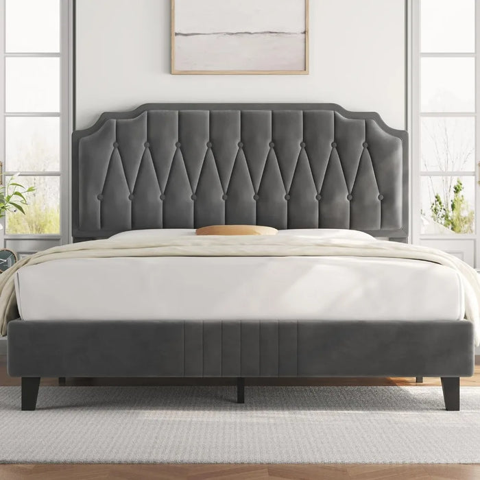 Queen Bed Frame Velvet Upholstered Platform Bed with Curved Headboard, Height-Adjustable Headboard/Noise-Free/Wooden