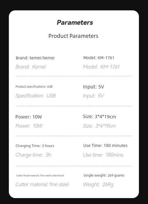 Kemei/Kemei KM-1761 Transparent Body Hair Clipper USB Fast Charging High Power Hair Salon Professional Electric Clipper