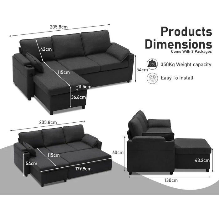 Sofa Bed,Pull Out 2 in 1 Sectional Sleeper Sofas Couches with Storage,USB Cup Holder,Pullout Sectional Couches,Living Room Sofa