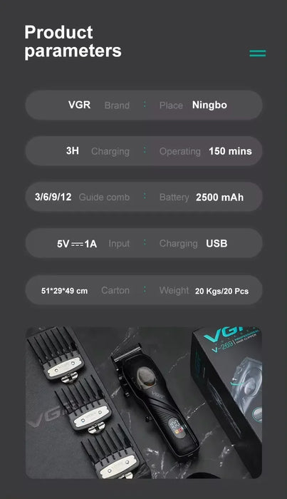 Original VGR High Power 9000RPM Hair Trimmer Cordless Hair Clipper Men's Beard Electric Hair Clipper Adjustable and Rechargeable