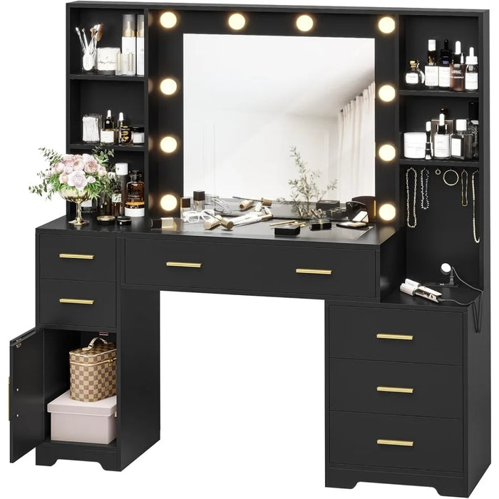 48.8'' Large Vanity Desk with Lighted Mirror & Power Outlet, Black Makeup Vanity Table with 6 Drawers, 4 Shelves and 1 Storage