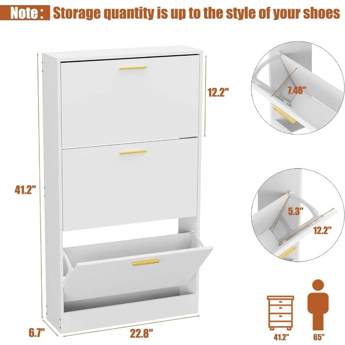 3 Flip Drawers Shoe Cabinet, Freestanding Shoes Rack, Shoes Storage Cupboard Organizer Shoe Organizer, White