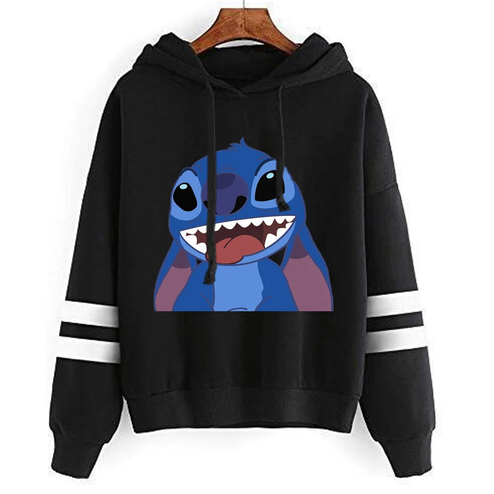 Disney Stitch Women Hooded Sweatshirt Patchwork Drawstring Hoodies Fashion Stripe Cute Printed Pullover Autumn Long Sleeve Shirt