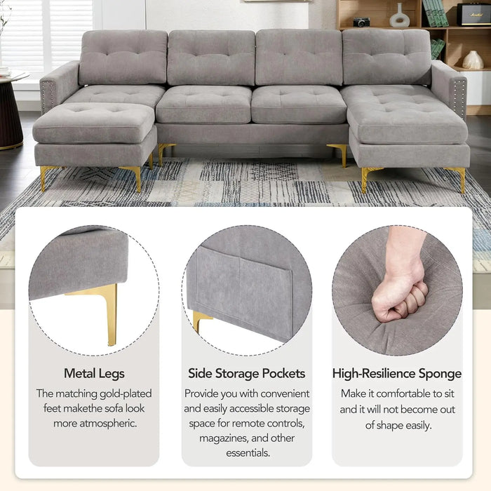 Velvet Modern Large Sectional Sofa, U Shape Upholstered Couch with Chaise, Convertible Sofa Couch with Movable Ottoman