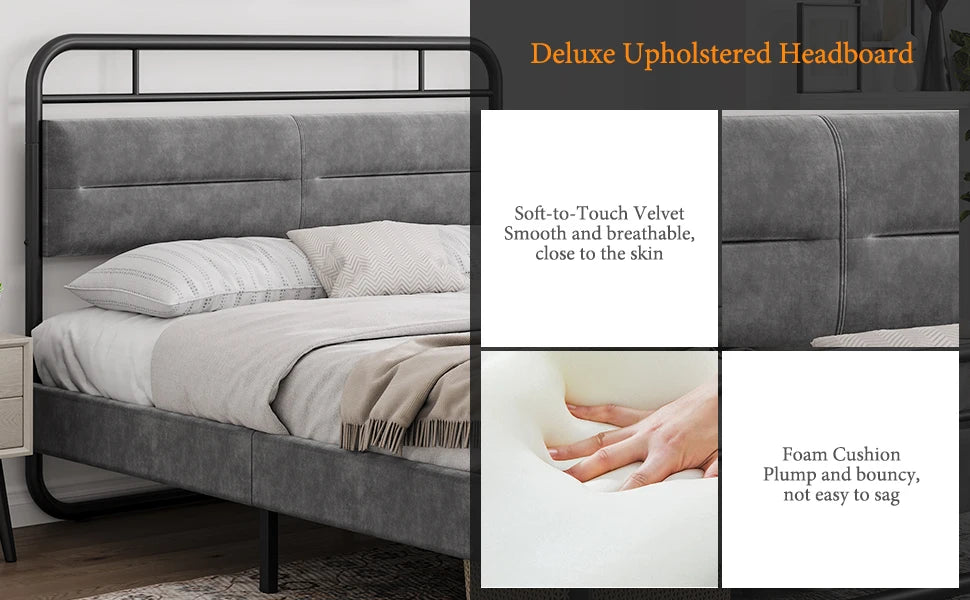 Queen Bed Frame Heavy Duty Metal Bed with Curved Upholstered Headboard Dark Grey Queen Beds