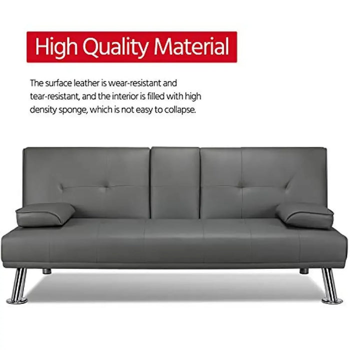 Modern Convertible Faux Leather Sofa Bed Folding Futon Armrest Recliner Home Furniture Living Room Gray 350kg Capacity & 3