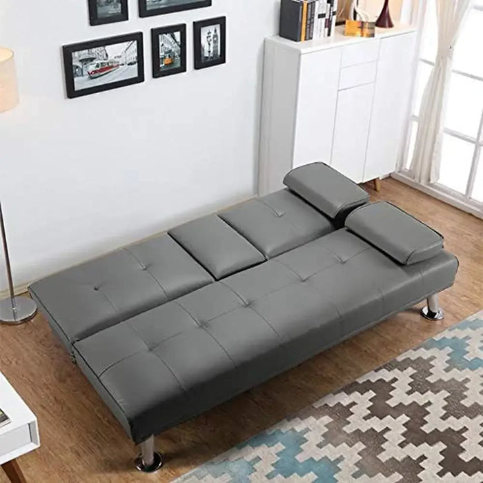 Modern Convertible Faux Leather Sofa Bed Folding Futon Armrest Recliner Home Furniture Living Room Gray 350kg Capacity & 3