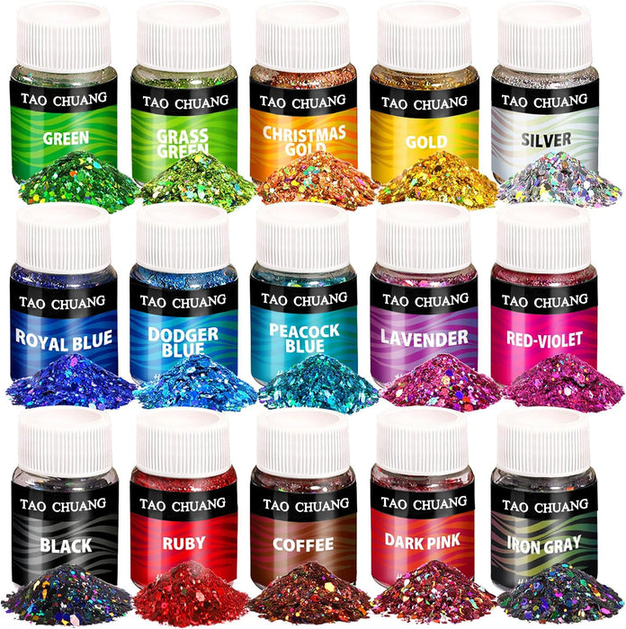 15 Colors Holographic Chunky Glitter, Craft Glitter for Resin, LEOBRO Nail Glitter, Festival Cosmetic Eye Hair Face Body Glitter