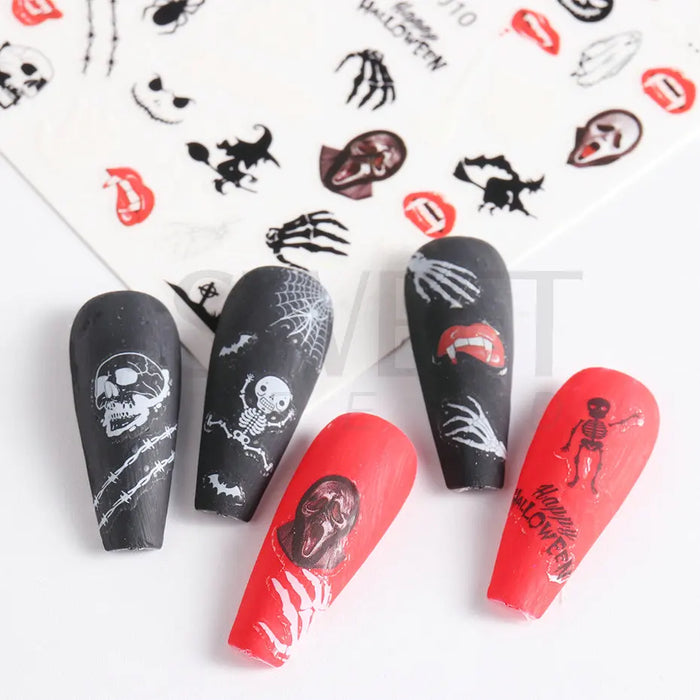 3D Halloween Nail Stickers Decals Skull Flower Evil Eyes Spider Pumpkin Bat Horror Theme Manicure Slider DIY Nail Art BESWJ07-18