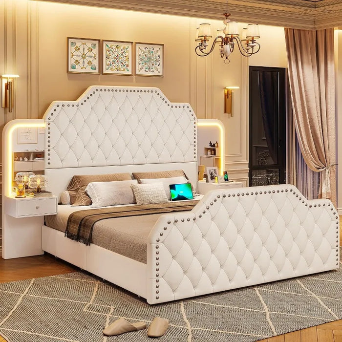 Large 53" with 4 storage drawers, PU leather upholstered queen bed frame, built-in charging station and LED, white