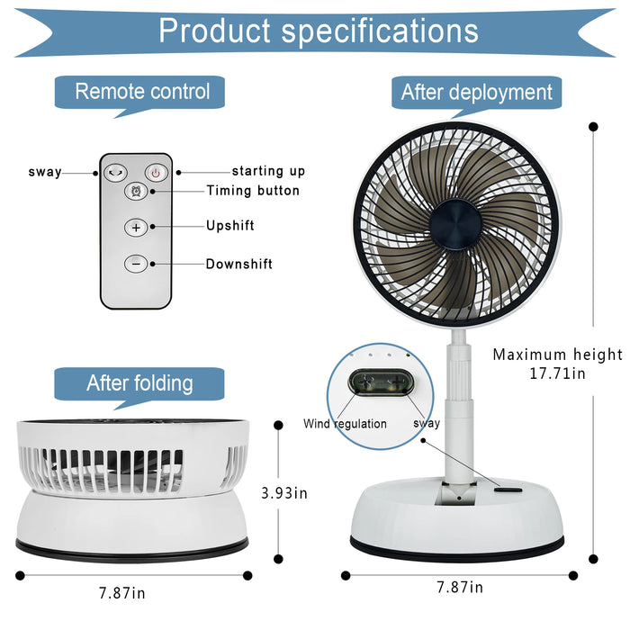 Retractable Folding Fan Outdoor Remote Control Fan Floor Fan Rechargeable Portable 7-inch USB Cooling Fan