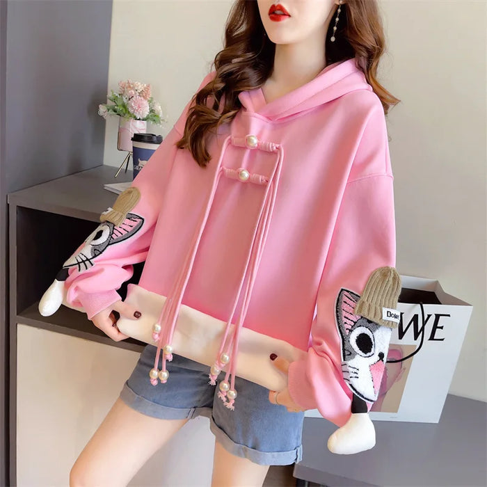 Cute Cat Hoodies Women Fashion Loose Sweatshirts Autumn Winter Female Casual Embroidery Hooded Long Sleeve Tops Streetwear