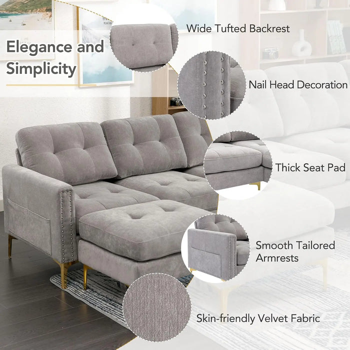 Velvet Modern Large Sectional Sofa, U Shape Upholstered Couch with Chaise, Convertible Sofa Couch with Movable Ottoman