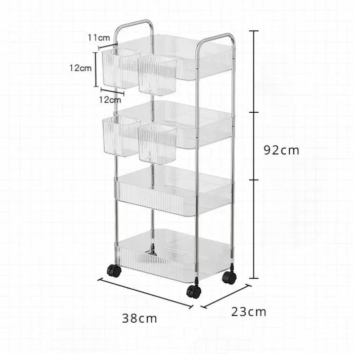 Transparent Storage Rack Trolley 4 Layers Acrylic Rolling Cart With Removable Hanging Baskets Acrylic Snacks Makeup Bookshelf