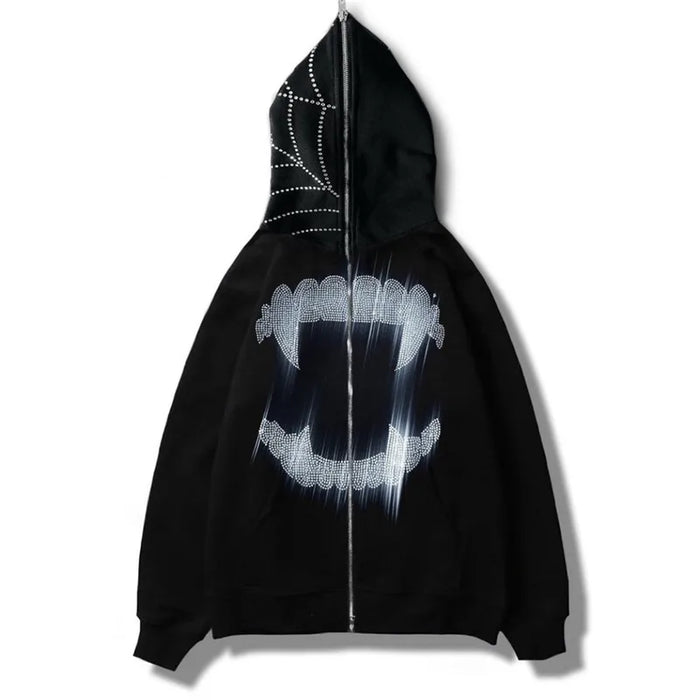 Y2K Rhinestone Cobweb Zip Up Oversized Sweatshirt 2022 Autumn Goth Hoodie Men Women Grunge Hooded Jacket Streetwear Y2K Clothing