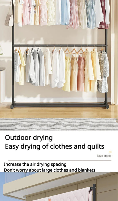 Clothing Rack Double Layers Folding Wardrobe With Wheels Placed On The Ground Living Room Shelf Home Furniture Drying Coat Rack