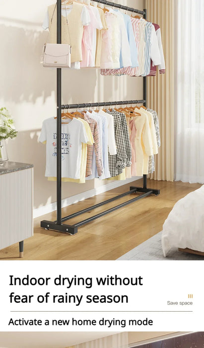 Clothing Rack Double Layers Folding Wardrobe With Wheels Placed On The Ground Living Room Shelf Home Furniture Drying Coat Rack