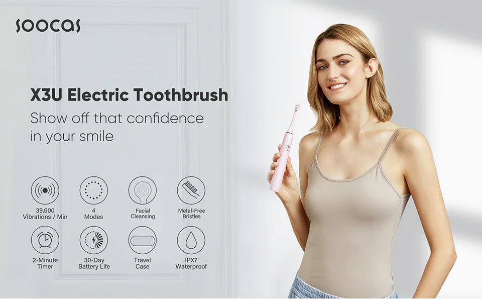 SOOCAS X3U Ultrasonic Electric Toothbrush Adult Timer Brush 4 Mode USB Charger Rechargeable Tooth Brushes Replacement Heads Set