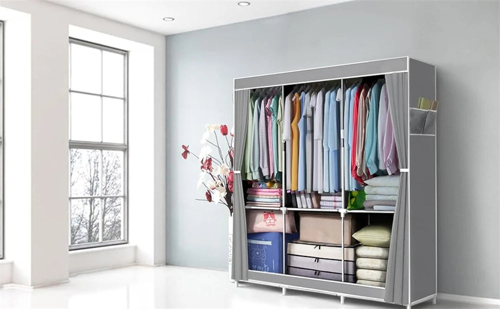 Wardrobe Closet Clothes Organizer with Oxford Cloth Fabric Storage Shelves+Hanging Sections+Side Pockets & Easy to Assemble