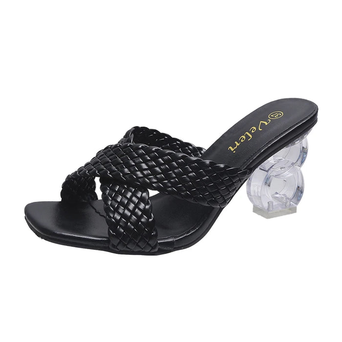 Transparent Strange High Heels Sandals Women Summer 2021 Plus Size Weave Female Slippers Fashion Yellow Open Toe Slides