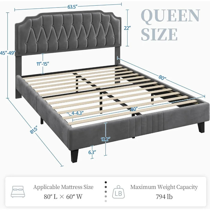 Queen Bed Frame Velvet Upholstered Platform Bed with Curved Headboard, Height-Adjustable Headboard/Noise-Free/Wooden