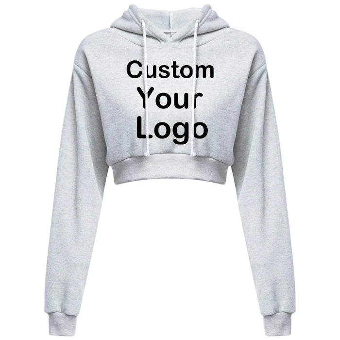 Customized Logo Print  Crop Hoodie Women Spring Autumn Pullovers Ladies Solid Color Drawstring Hooded Full Sleeve Sweatshirt