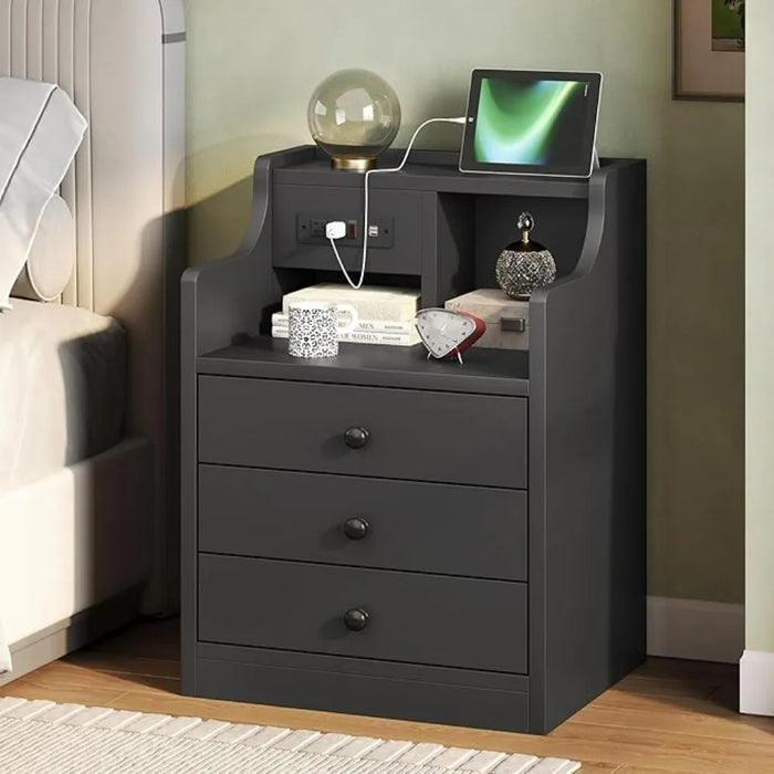 Black Nightstand with Charging Station 3 Drawers, Wood Sofa End Side Table with USB Ports and Outlet