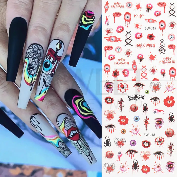 3D Halloween Nail Stickers Decals Skull Flower Evil Eyes Spider Pumpkin Bat Horror Theme Manicure Slider DIY Nail Art BESWJ07-18