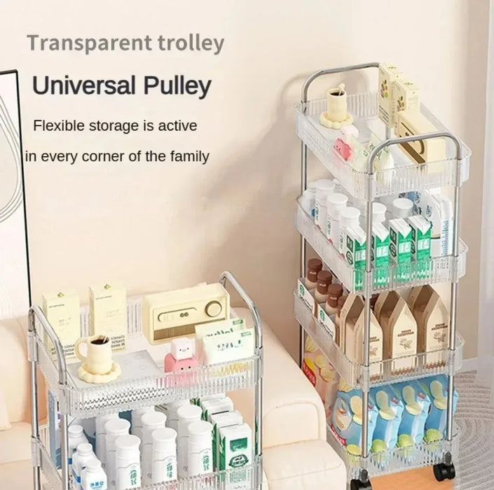 Light Luxury Storage Rack Trolley 2/3/4 Layers Transparent Acrylic Rolling Cart With Removable Hanging Baskets Snacks Bookshelf