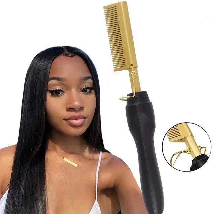 Multi Functional Electric Copper Comb Straightener, Dual-purpose for Comb, Perm Stick, Curly and Straight Hair