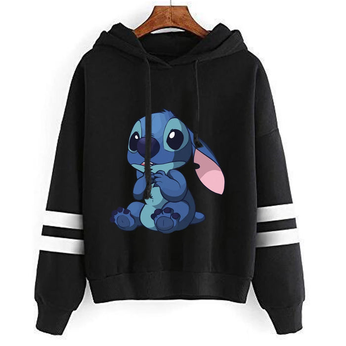 Disney Stitch Women Hooded Sweatshirt Patchwork Drawstring Hoodies Fashion Stripe Cute Printed Pullover Autumn Long Sleeve Shirt