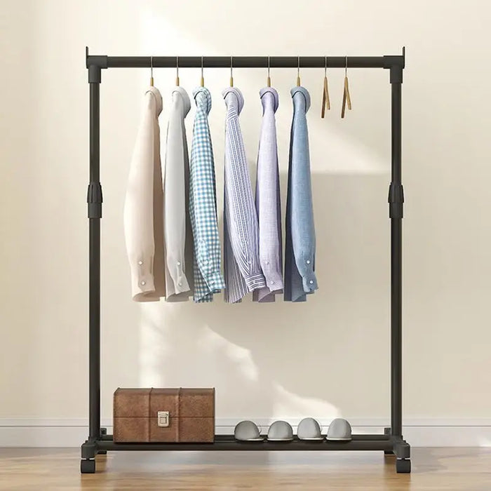 Movable Clothes Drying Rack Telescopic Heavy-Duty Metal Clothing Rack On Wheels Adjustable Garment Rack For Laundry Shop