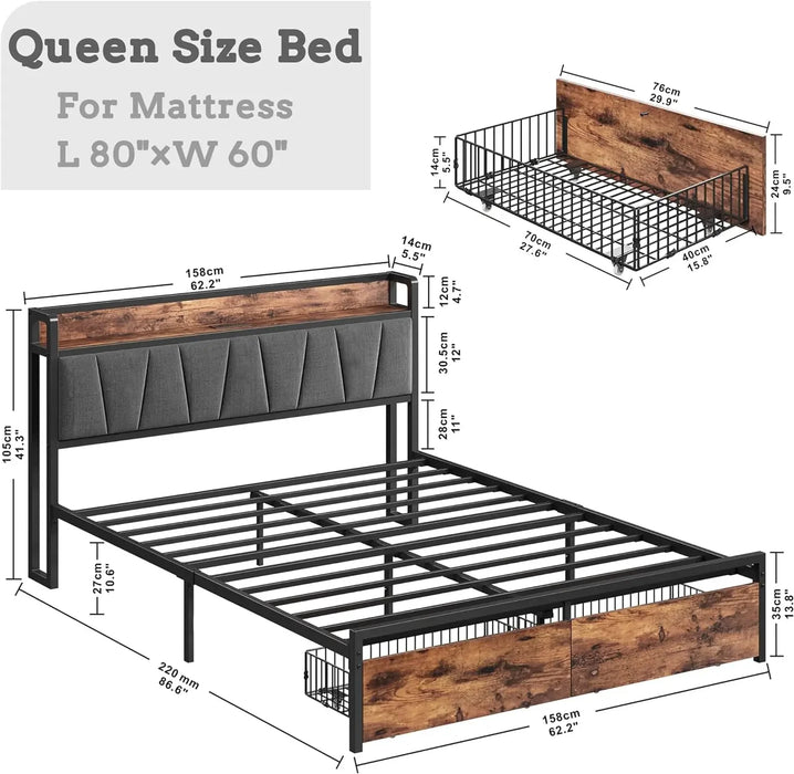 King size bed frame,storage headboard with charging station,platform bed with drawers,no need for a box spring, easy to assemble