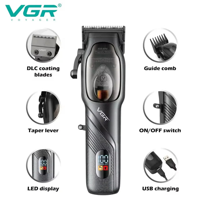 Original VGR High Power 9000RPM Hair Trimmer Cordless Hair Clipper Men's Beard Electric Hair Clipper Adjustable and Rechargeable