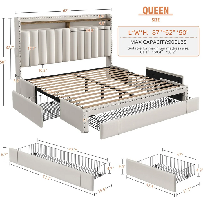 Queen Bed Frame,Upholstered Platform Bed Frame Queen Size with 3 Storage Drawers,Queen Size Bed Frame with Storage