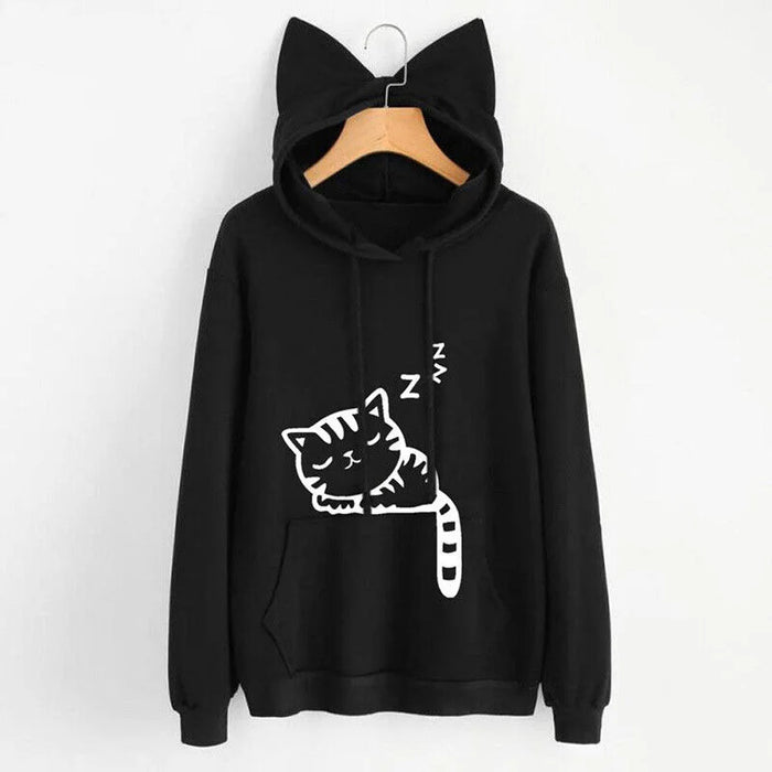 Winter Women's Sweatshirt Cute Cat Ears Hooded Sweatshirt Fashion Cat Print Casual Long Sleeve Pullover Top Daily Commute