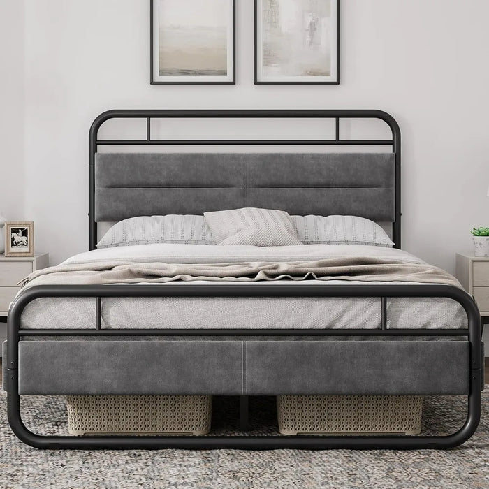 Queen Bed Frame Heavy Duty Metal Bed with Curved Upholstered Headboard Dark Grey Queen Beds