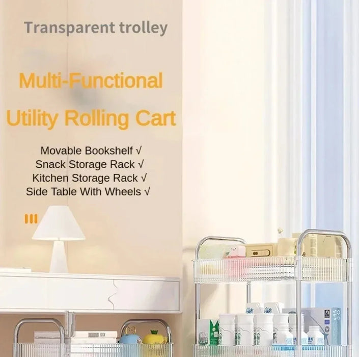 Light Luxury Storage Rack Trolley 2/3/4 Layers Transparent Acrylic Rolling Cart With Removable Hanging Baskets Snacks Bookshelf