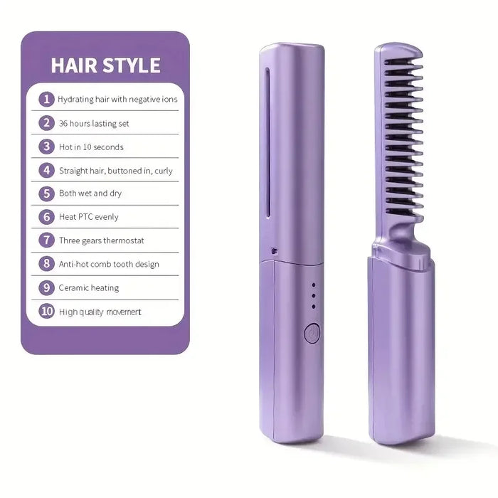 Anti-Scald Hair Straightener Brush 3 Levels 60s Heat Up Cordless Rechargeable Hot Comb 4000mAh Battery Straightener Brush