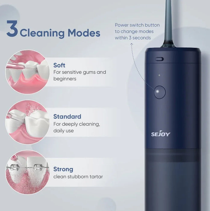 Sejoy Water Flosser Portable Dental Oral Irrigator with 3 Modes, 3 Replaceable Jet Tips , Rechargeable Waterproof Teeth Cleaner