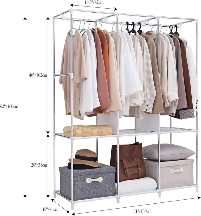 Wardrobe Closet Clothes Organizer with Oxford Cloth Fabric Storage Shelves+Hanging Sections+Side Pockets & Easy to Assemble