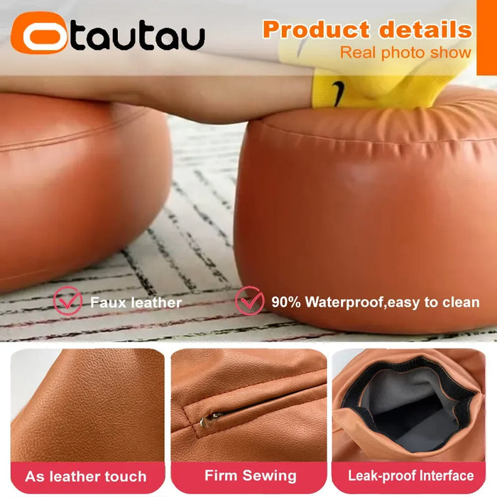 OTAUTAU Small Round Faux Leather Ottoman Stool Beanbag Pouf Footstool Stuffed Bean Bag Footrest Floor Corner Seat Puff JD004