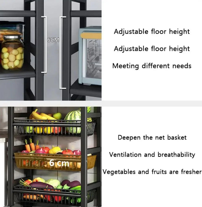 Kitchen Storage Basket Multi-Layer Floor Room Trolley Rack Kitchen Trolley Storage Basket Movable Pot Rack Microwave Shelf Cart