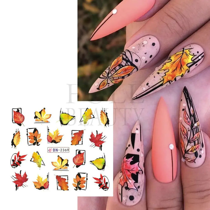 Autumn Fox Maples Nails Stickers Fall Season Leaves Cute Owls Hedgehog Water Decals Nail Charming Sliders Decoration BN2365-2376