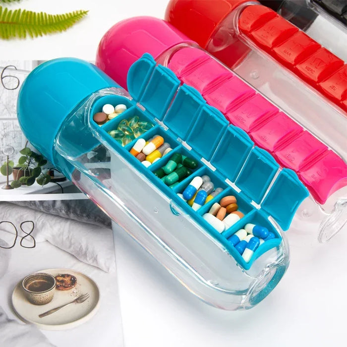 2 in 1 600ml 7 Grids Pill Boxes Organizer Drinking Bottles Medicine Box Water Cup Sports Plastic Water Bottle Combine Daily