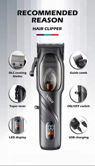 Original VGR High Power 9000RPM Hair Trimmer Cordless Hair Clipper Men's Beard Electric Hair Clipper Adjustable and Rechargeable