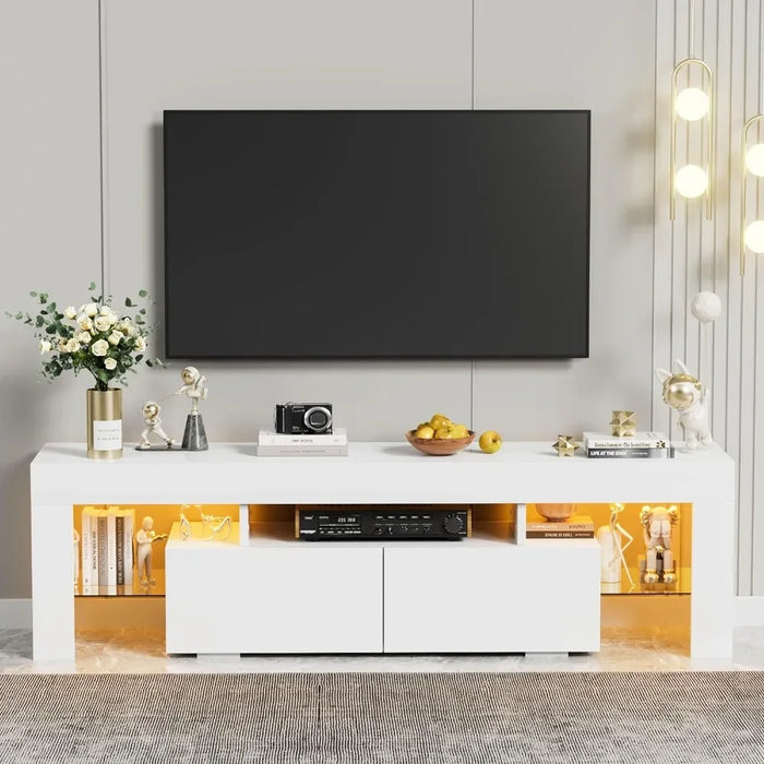 Modern LED TV Stand for Televisions up to 70 Inch with Glass Shelves and Drawer, Gaming Entertainment Center with Multiple