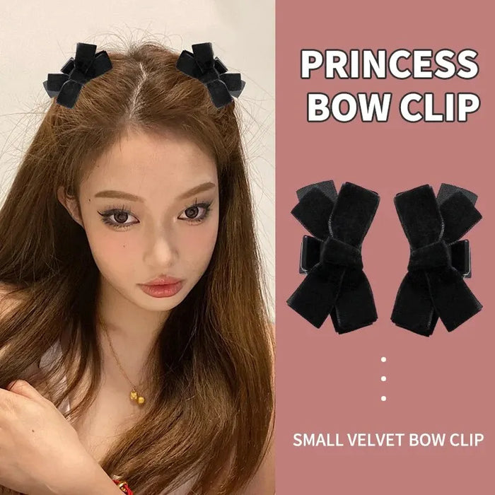 2pcs Black Bow Small Grab Clip Women's Autumn And Winter Vintage Velvet Bangle Clip Hair Clip Style Princess Hair Clip Headwear