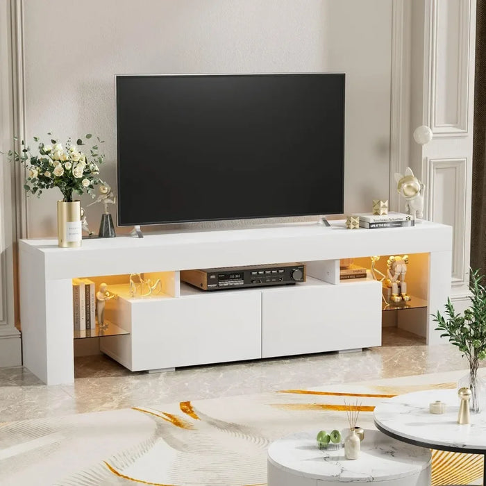 Modern LED TV Stand for Televisions up to 70 Inch with Glass Shelves and Drawer, Gaming Entertainment Center with Multiple