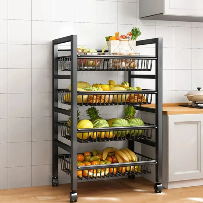 Kitchen Storage Basket Multi-Layer Floor Room Trolley Rack Kitchen Trolley Storage Basket Movable Pot Rack Microwave Shelf Cart